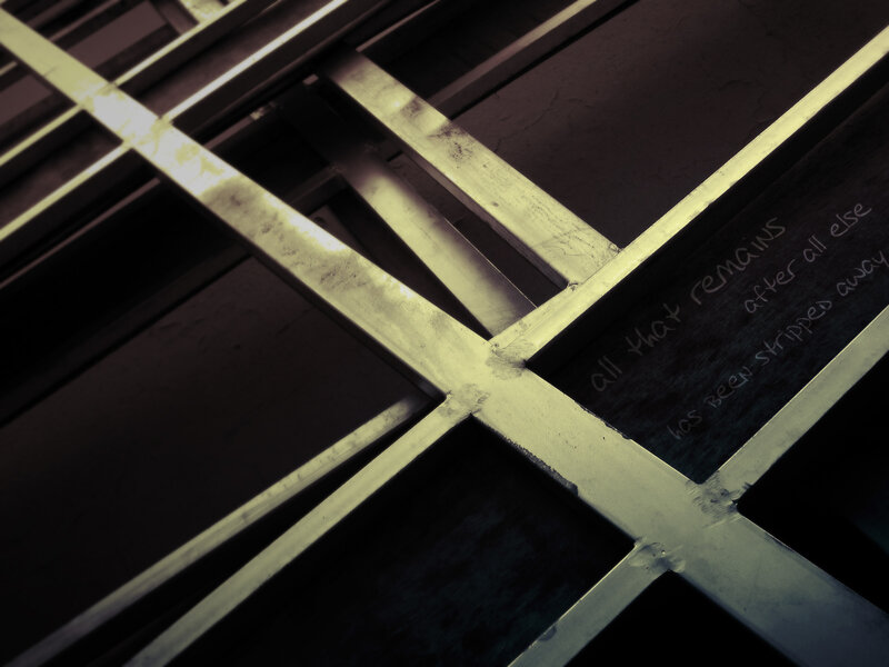 metal grid with text