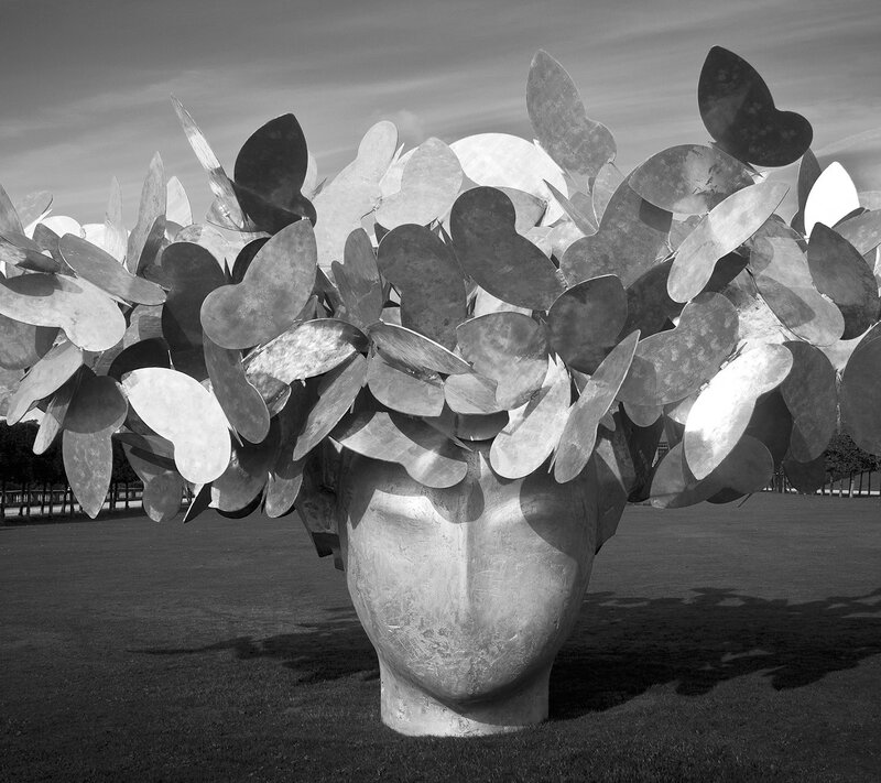 Metal head sculpture with butterfly wings