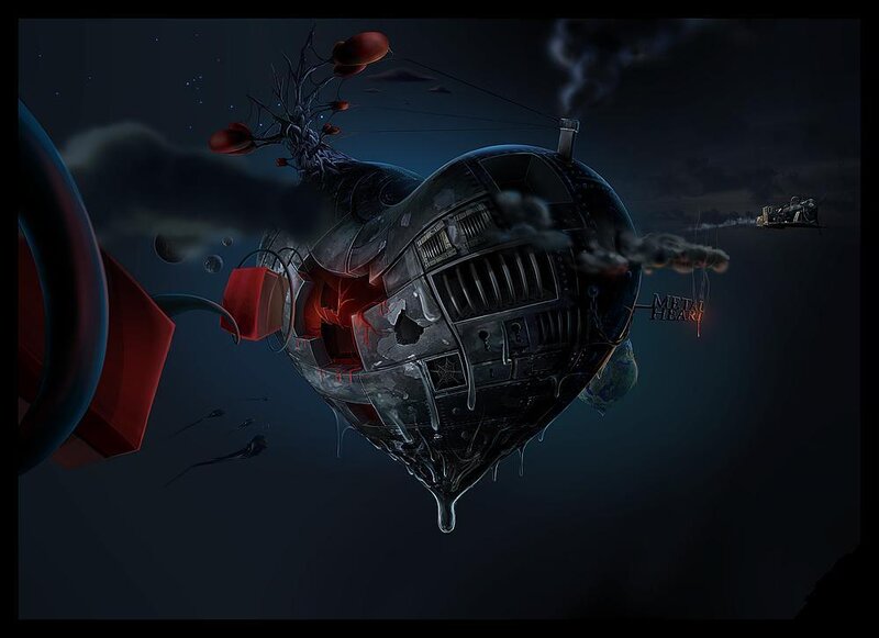 Metal heart airship in dark sky