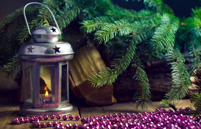 Metal Lantern with Candle — Green, Cozy, Winter