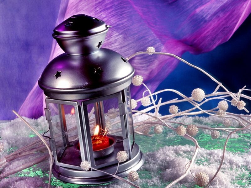 Metal Lantern with Candle — Purple, Festive