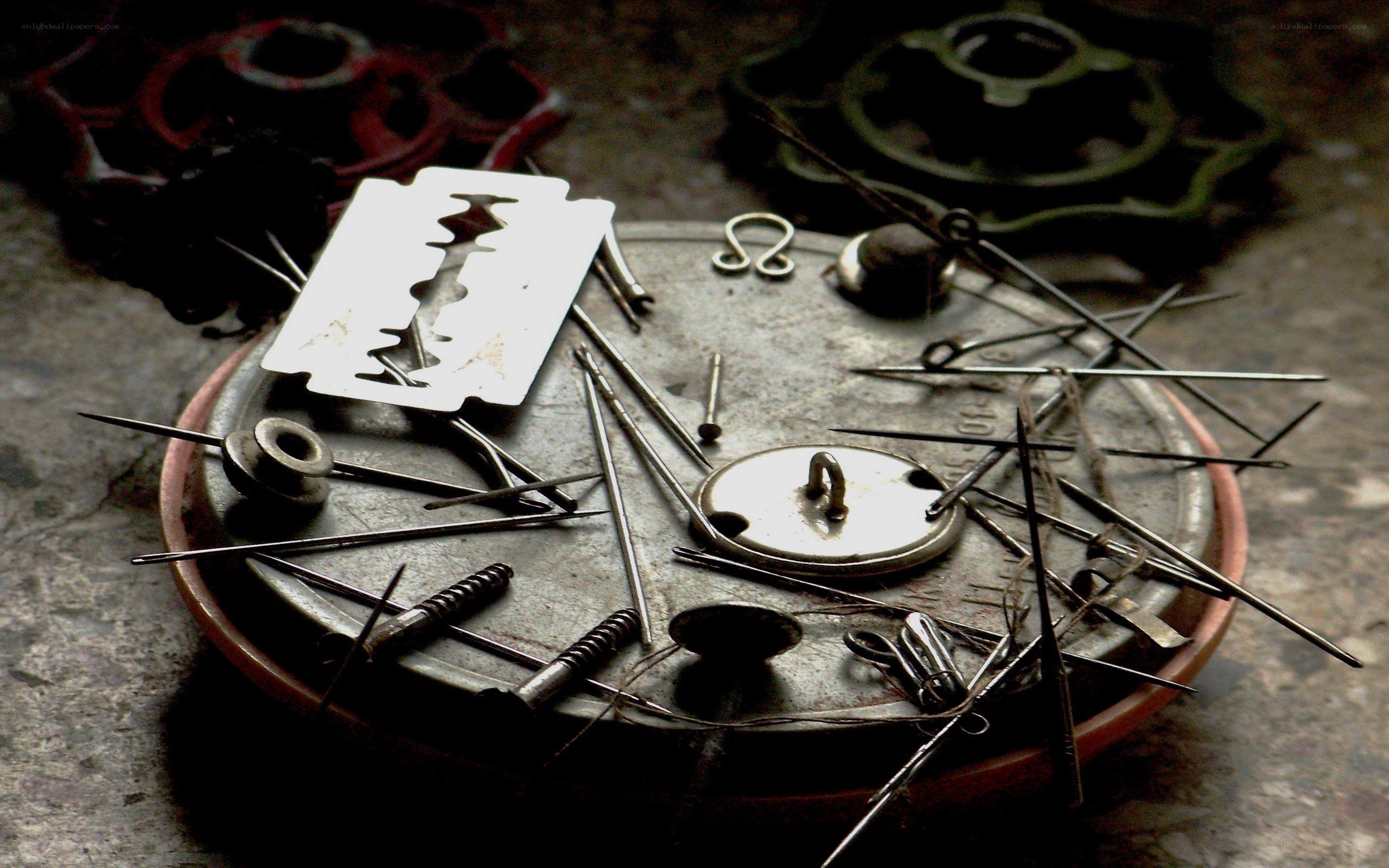Metal objects on a round tray