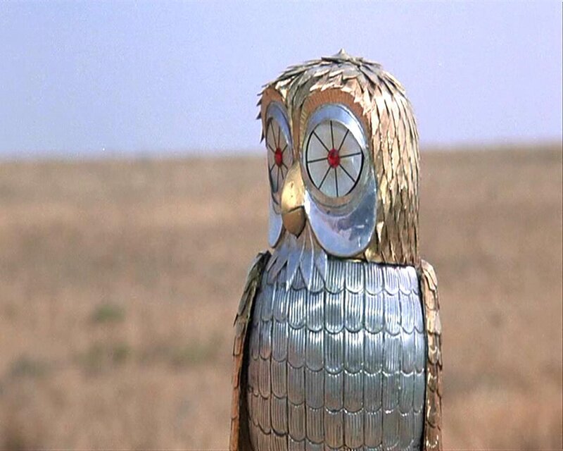 metal owl statue in field