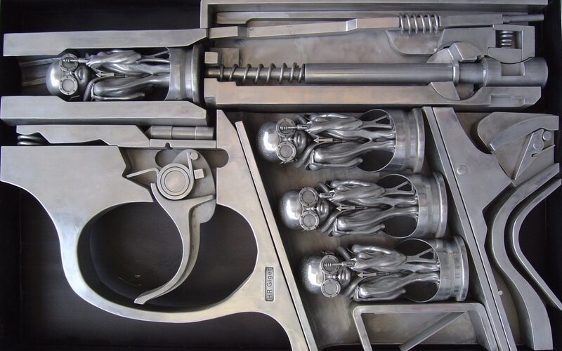 Metal sculpture of alien gun