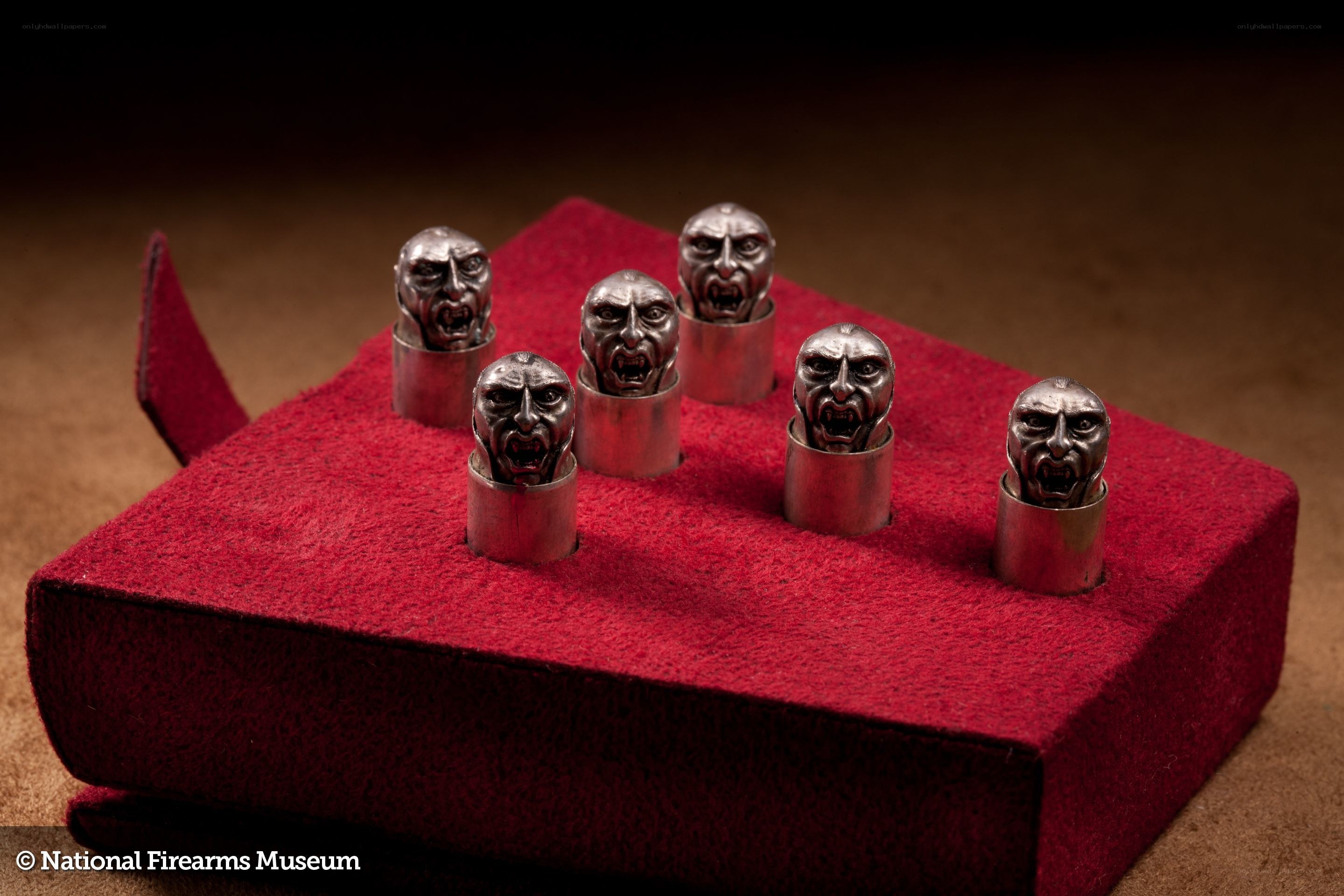 Metal vampire heads in display case