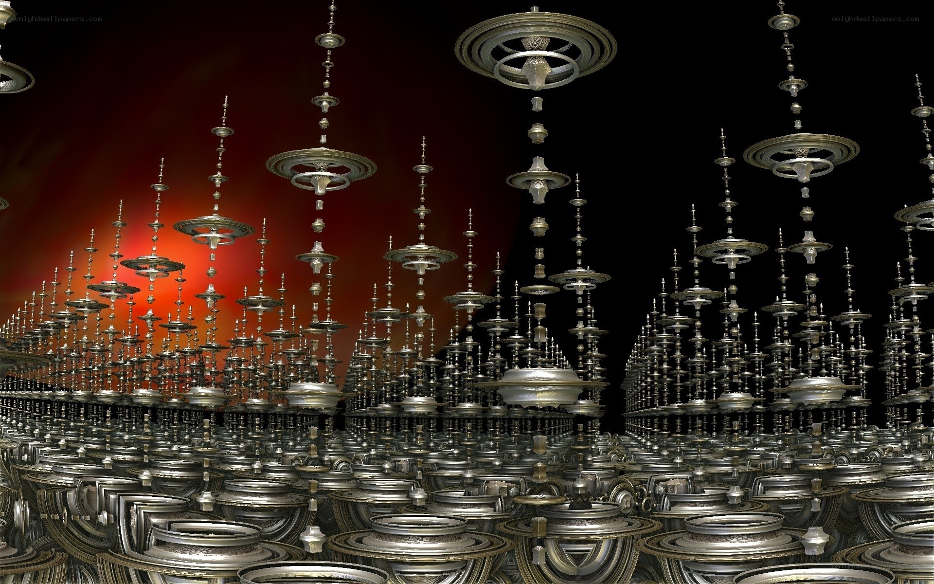 Metallic chandeliers in red glow