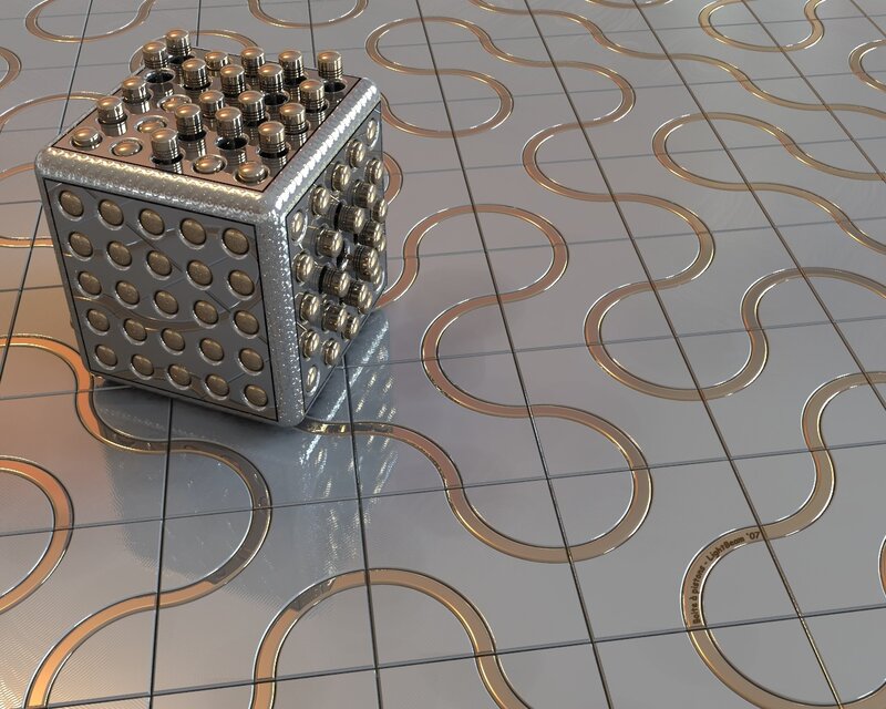 metallic cube on patterned floor