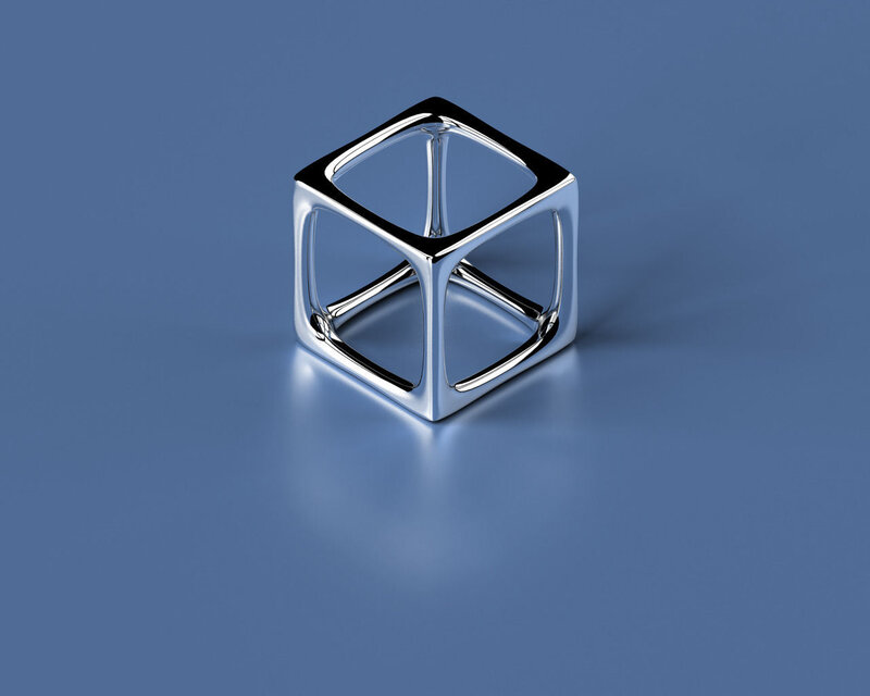 Metallic Cube Structure — Blue, Minimalist, 3d Render, Reflection