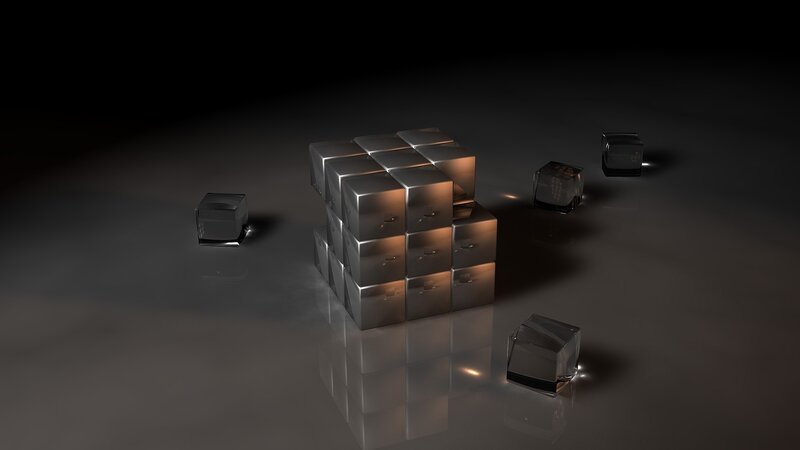 Metallic Cubes on Reflective Surface — 3d Render