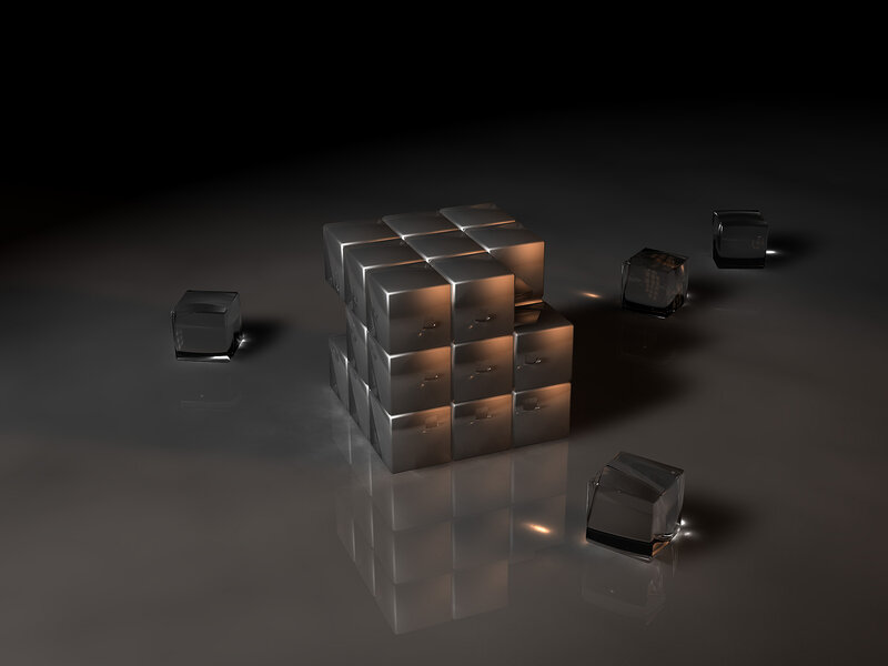 Metallic Cubes on Reflective Surface — Gray, 3d Render