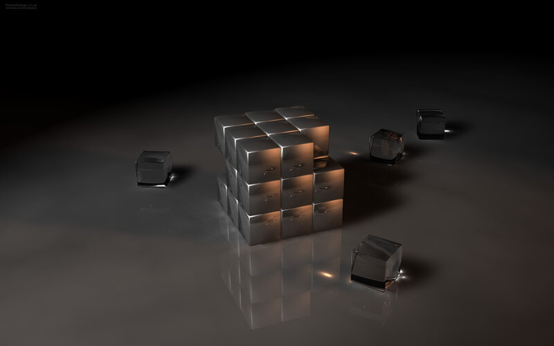 Metallic Cubes on Reflective Surface — Gray, Dramatic, 3d Render, Reflection