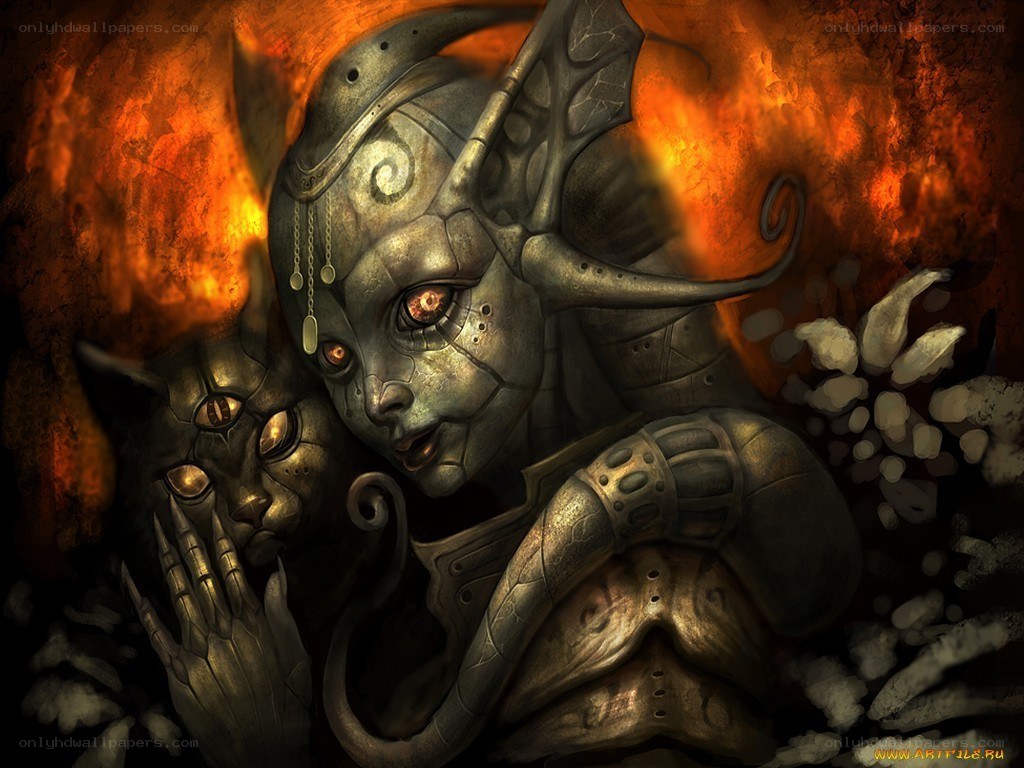 metallic demon with cat companion
