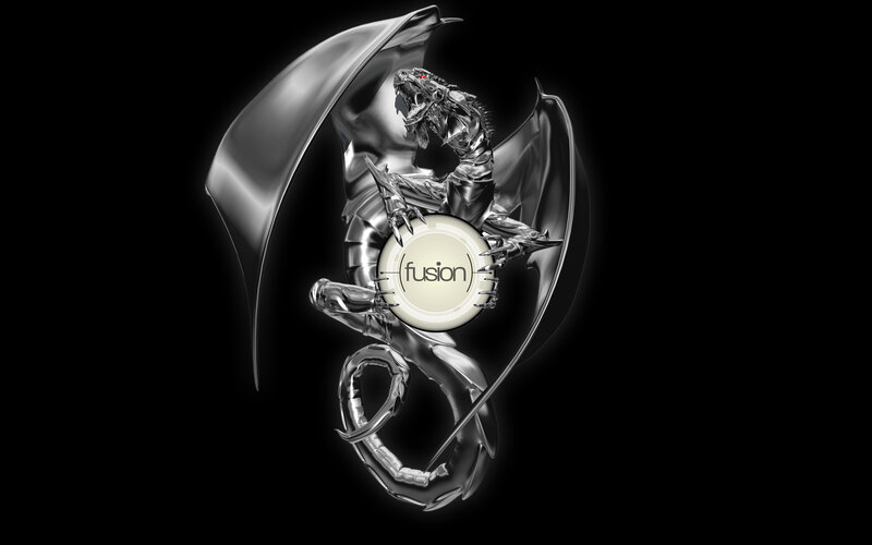 Metallic dragon holding fusion logo