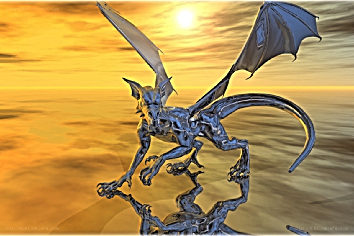 Metallic dragon in sunset sky