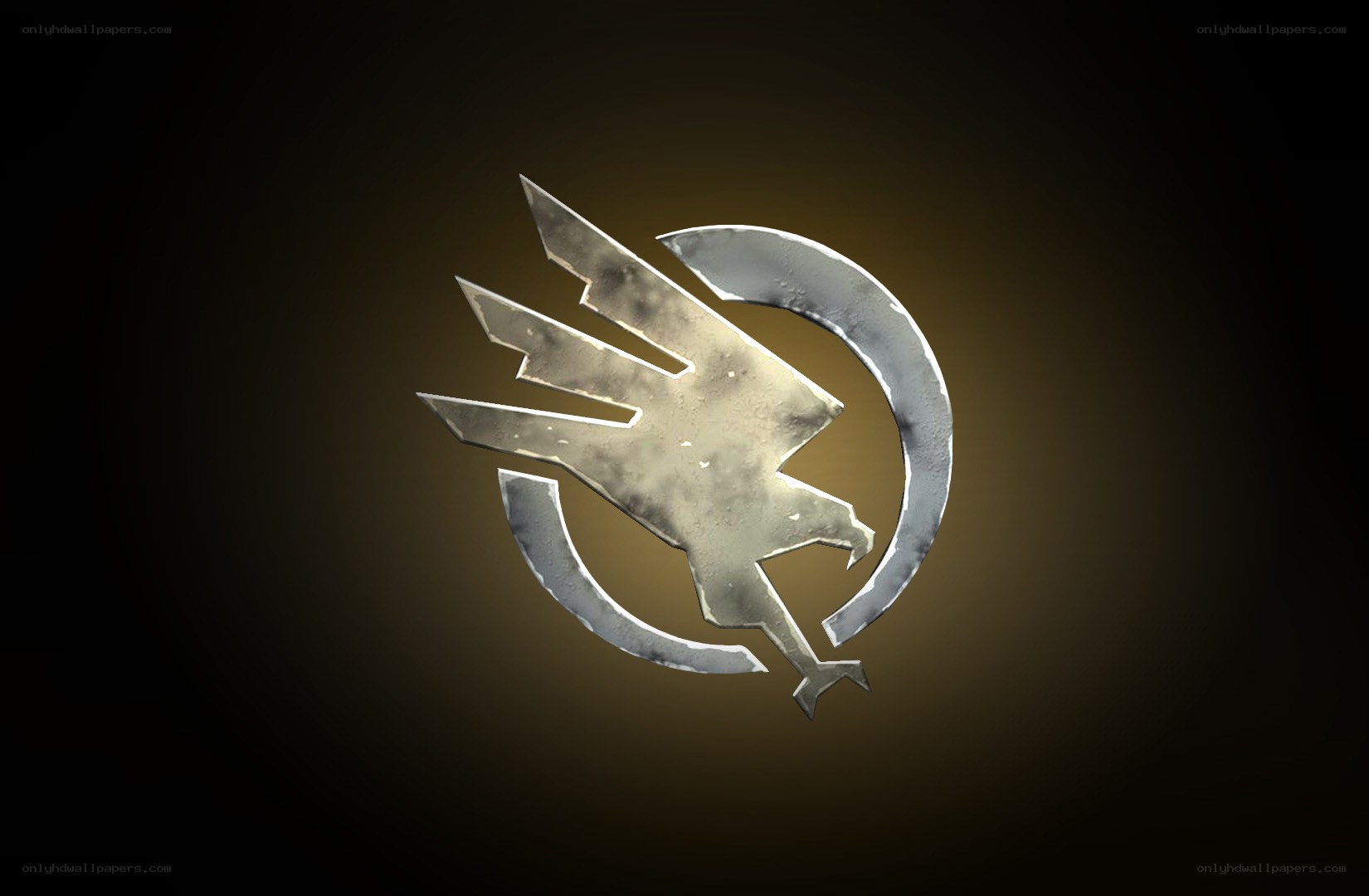metallic emblem with bird and crescent