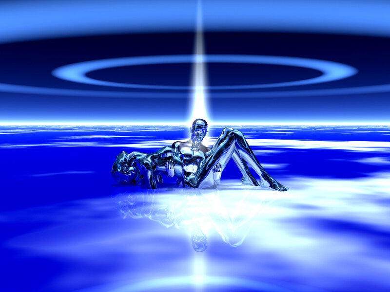 Metallic figures on blue surface