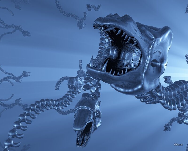Metallic fish skeleton in blue