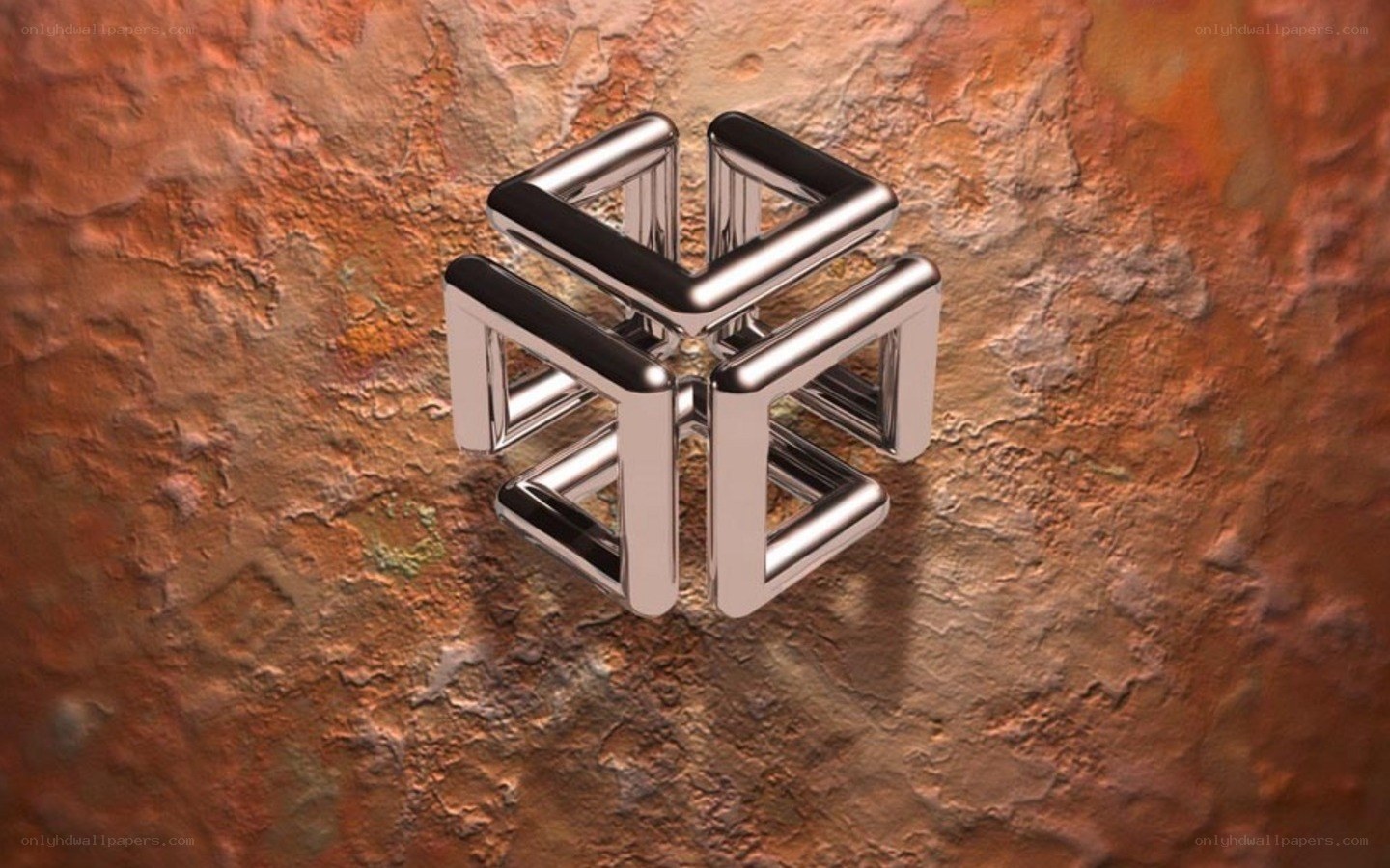 Metallic geometric sculpture on rusted surface