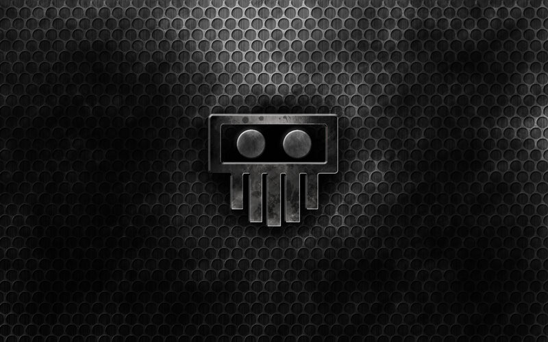metallic logo on perforated background