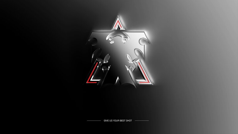 metallic logo with red accents