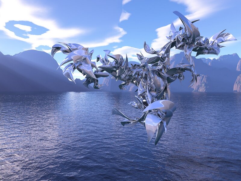Metallic sculpture over water