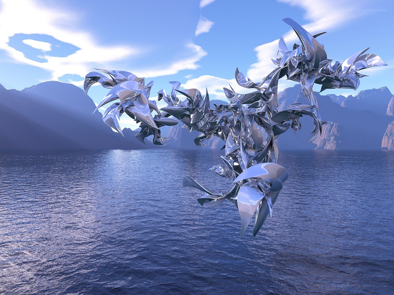 Metallic sculpture over water
