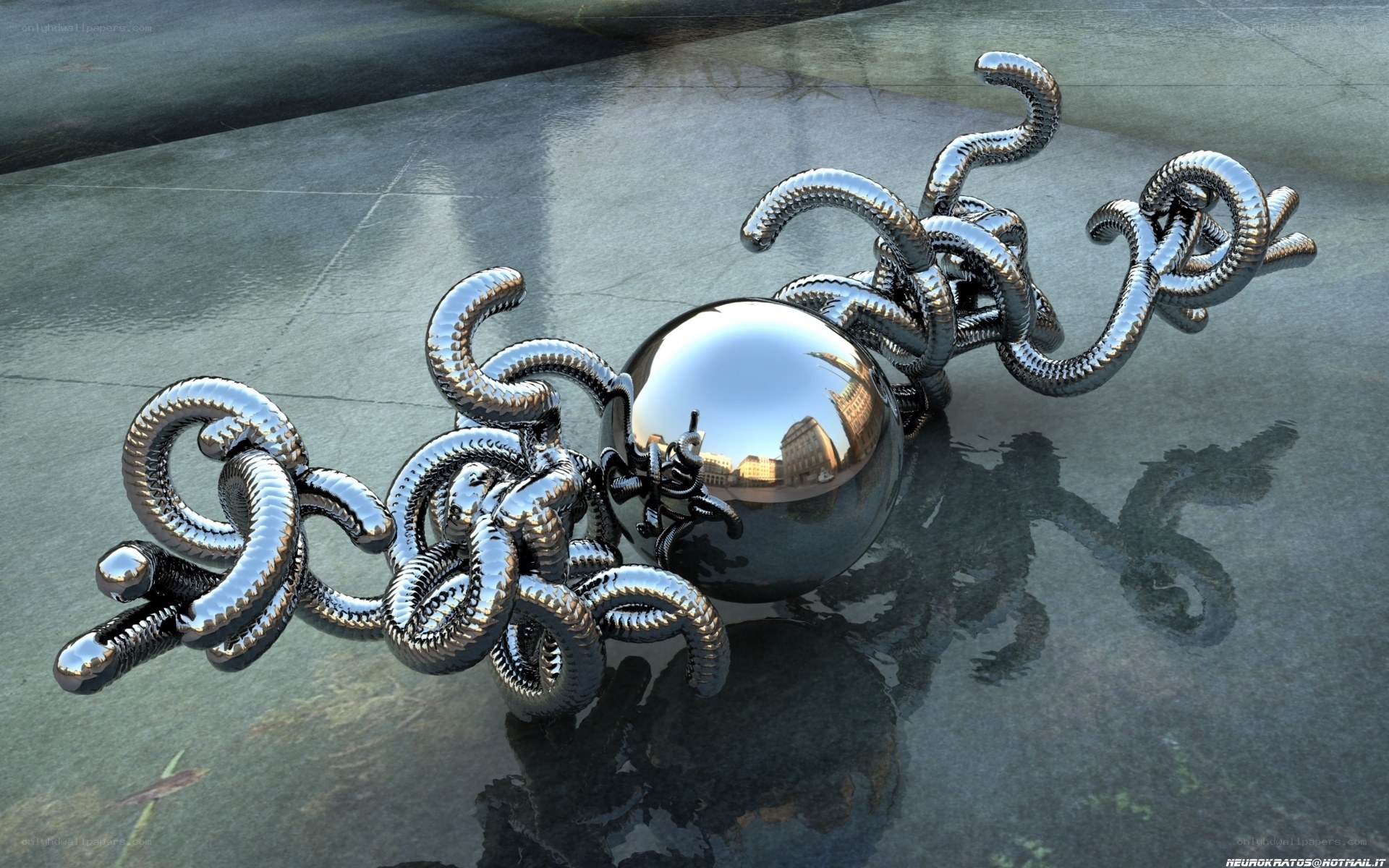 Metallic sculpture with reflective sphere