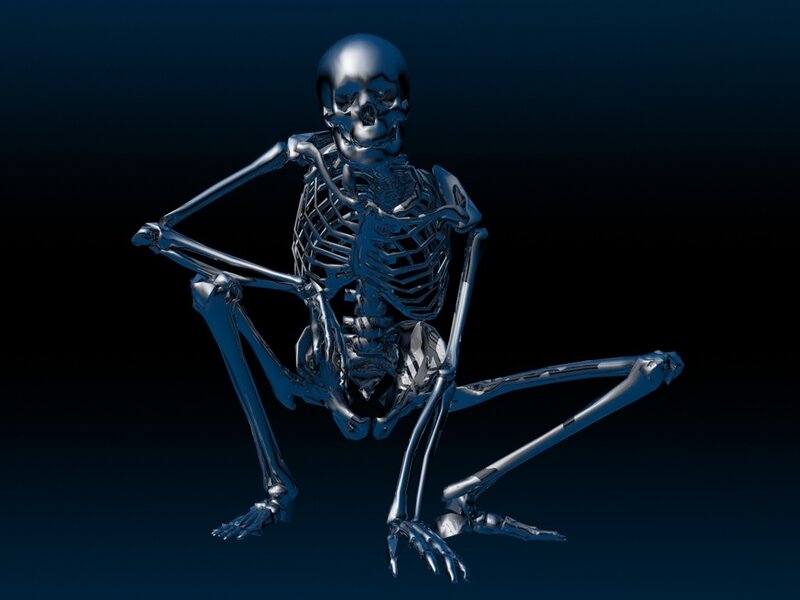 metallic skeleton in crouching pose