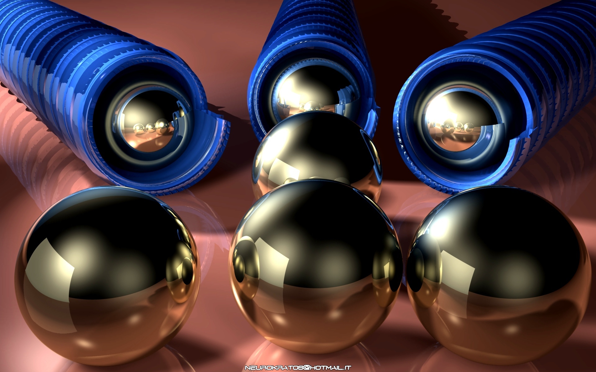 Metallic spheres and blue tubes