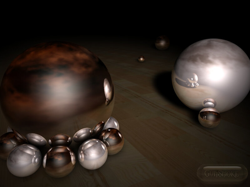 Metallic spheres on wooden floor