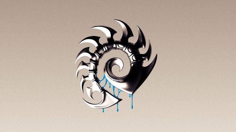 metallic spiral symbol with blue drips