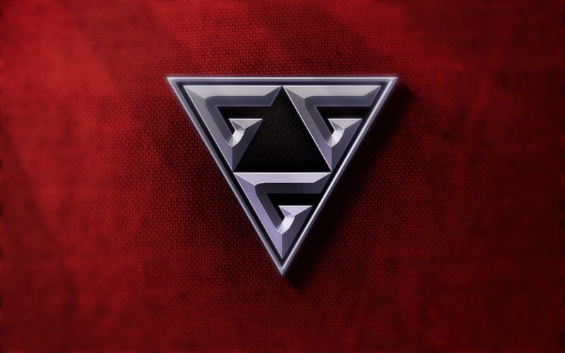 metallic triangle logo on red fabric