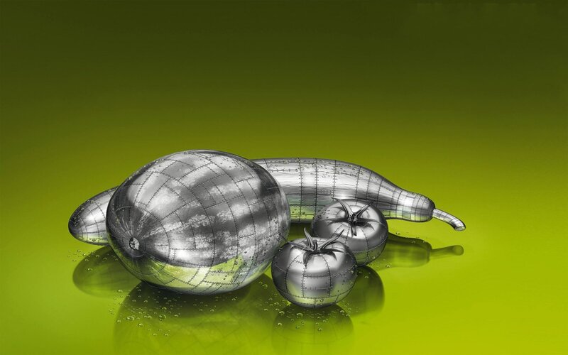 Metallic vegetables on green
