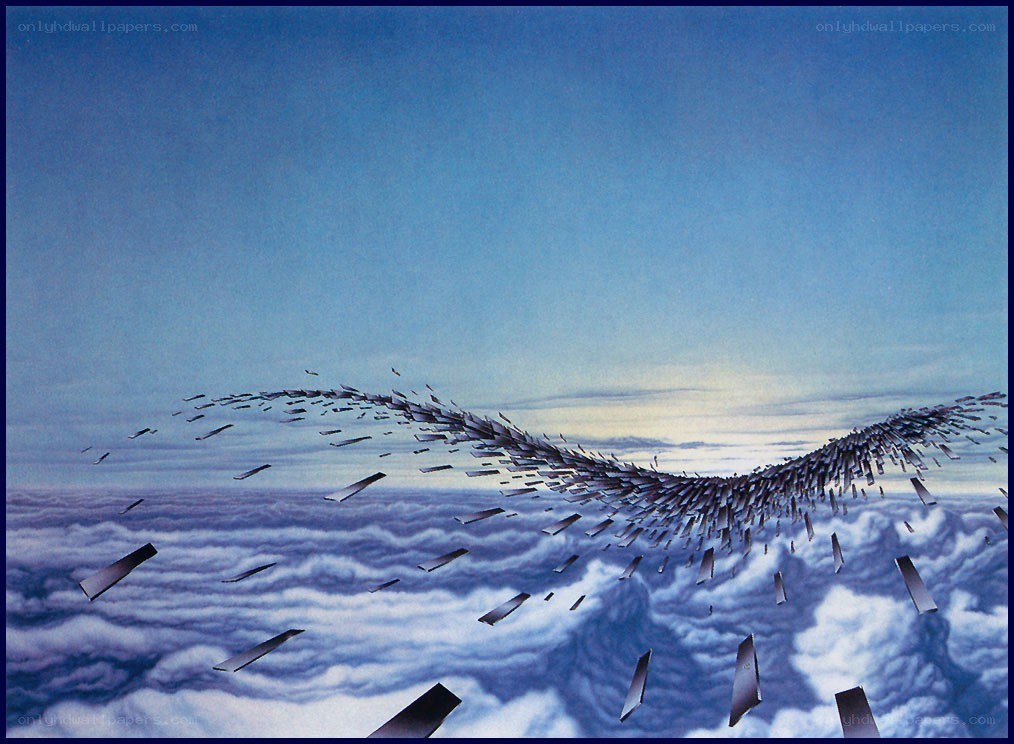 Metallic wings over clouds