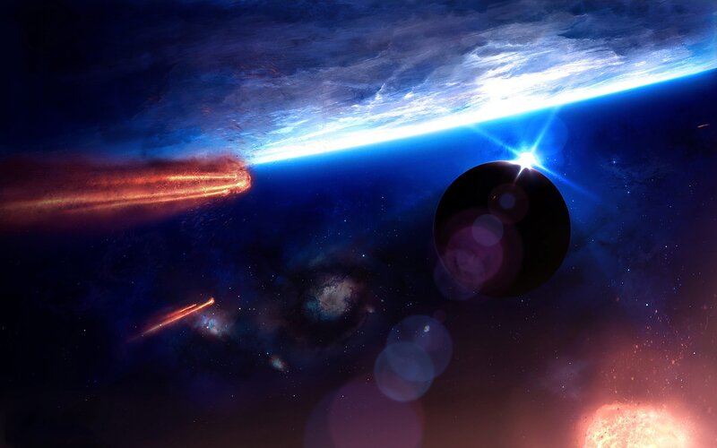 Meteor Entering Atmosphere — Blue, Dramatic, Digital Art, Planet, Comet