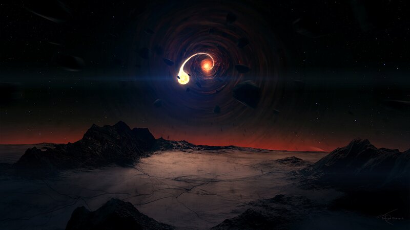 Meteor Entering Black Hole — Dramatic, Night, Digital Art, Mountains