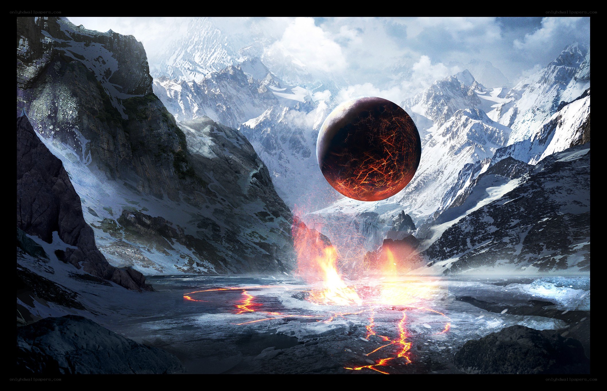 Meteor impact in snowy valley