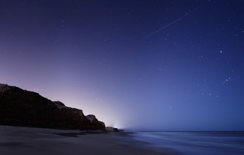 Meteor over Beach — Blue, Serene, Night, Photograph, Stars, Ocean