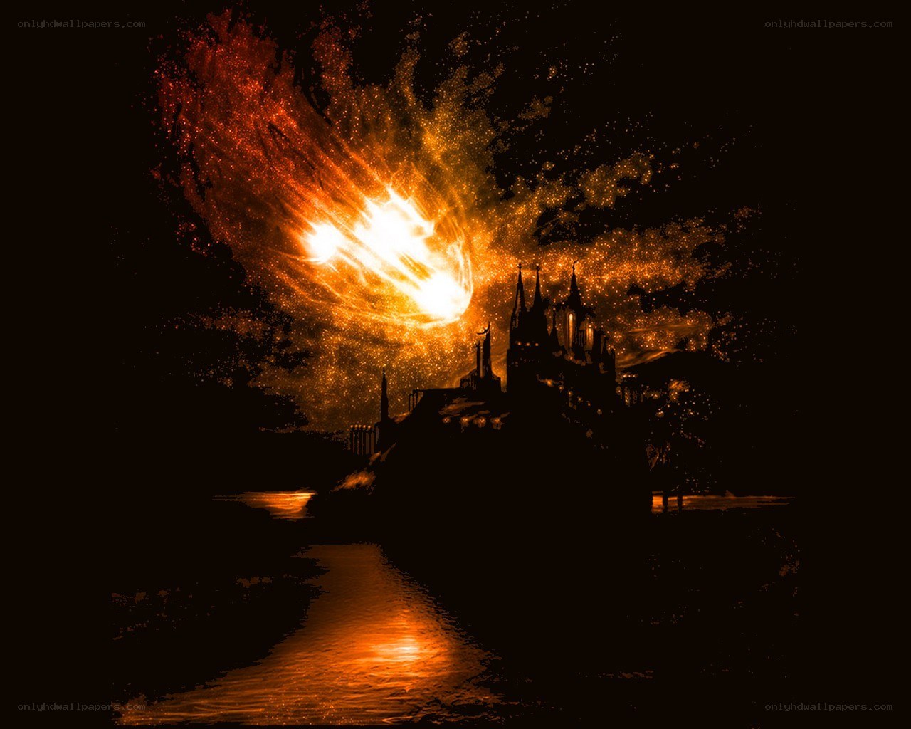 Meteor over castle at night