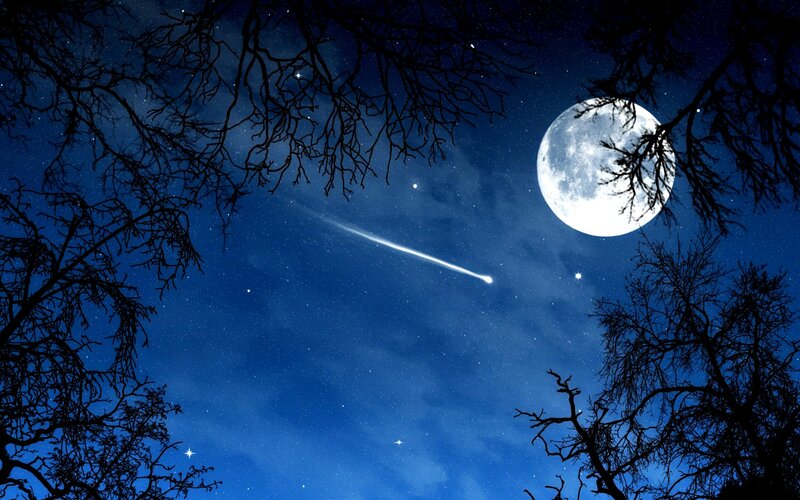 Meteor over Full Moon — Blue, Serene, Night