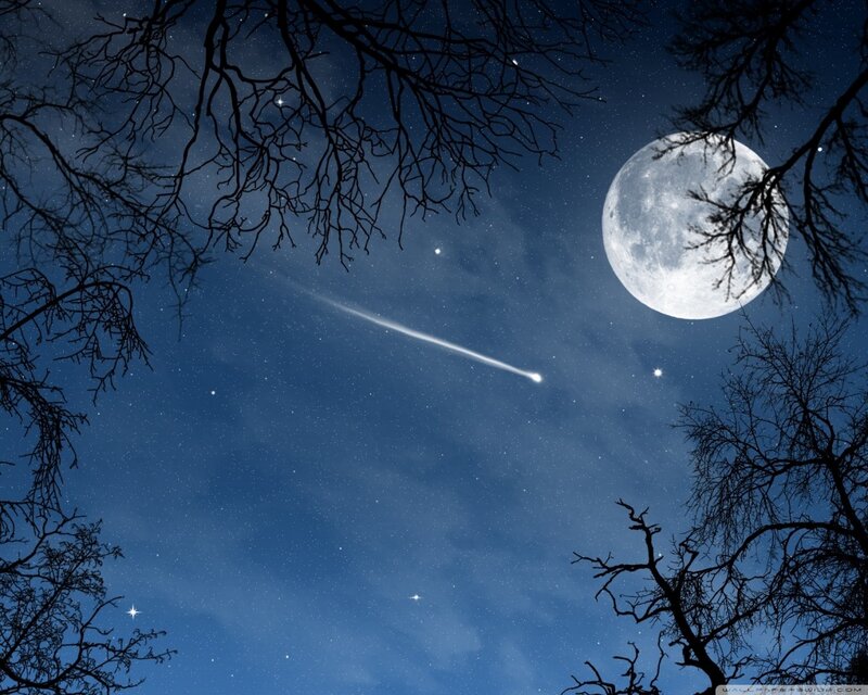 Meteor over Full Moon — Blue, Serene