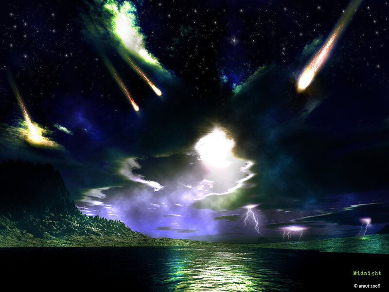 Meteor shower over a stormy sea