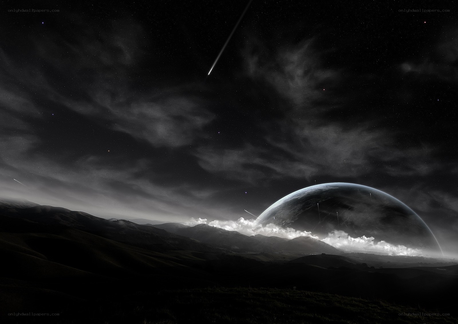 Meteor shower over alien planet
