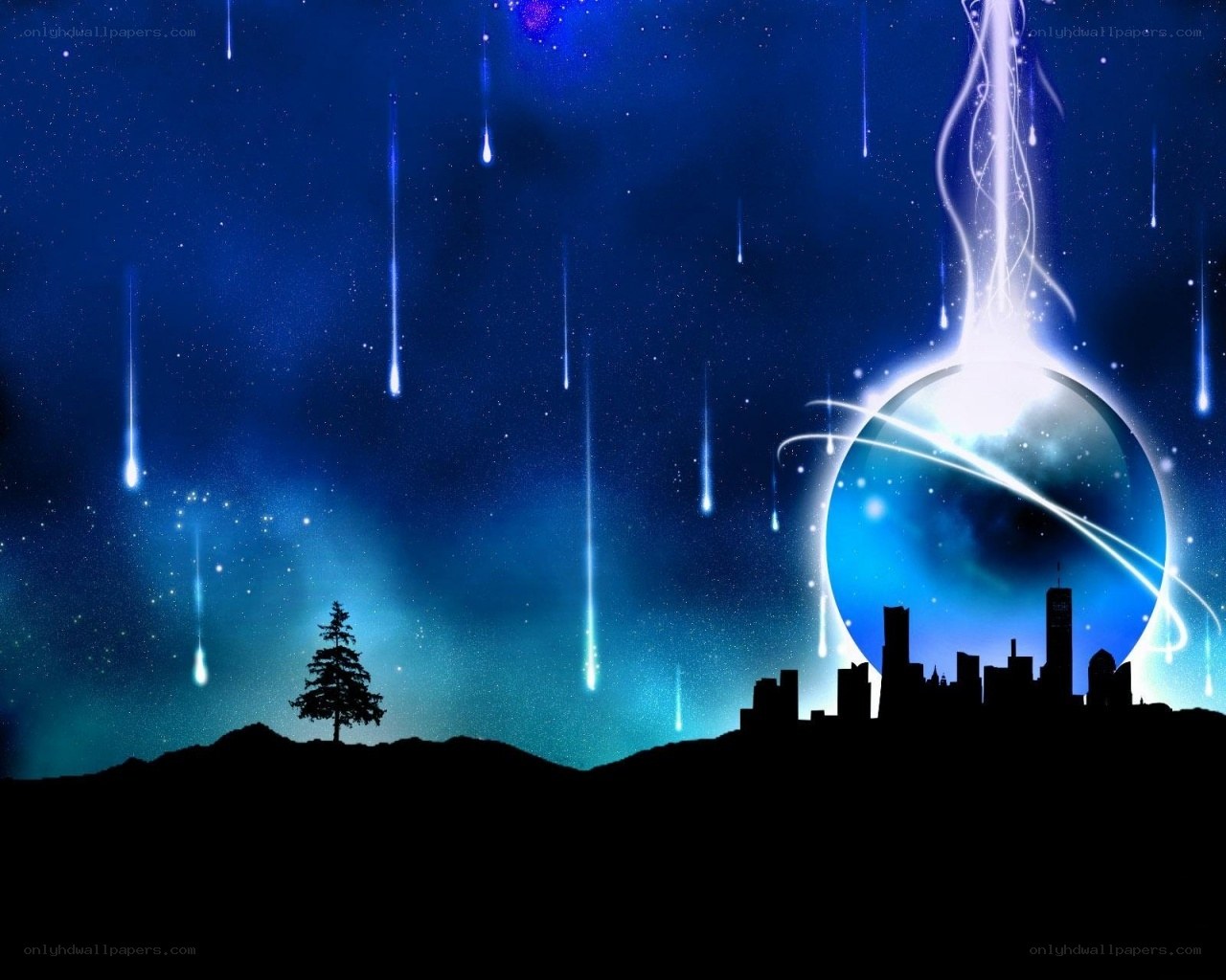 Meteor shower over city