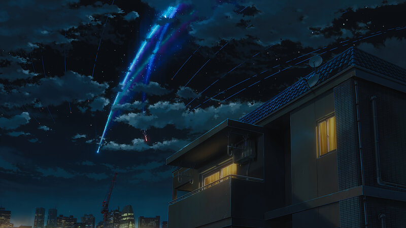 Meteor Shower over City — Blue, Dramatic