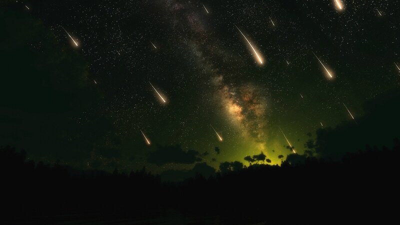Meteor Shower over Forest — Black, Dramatic, Night