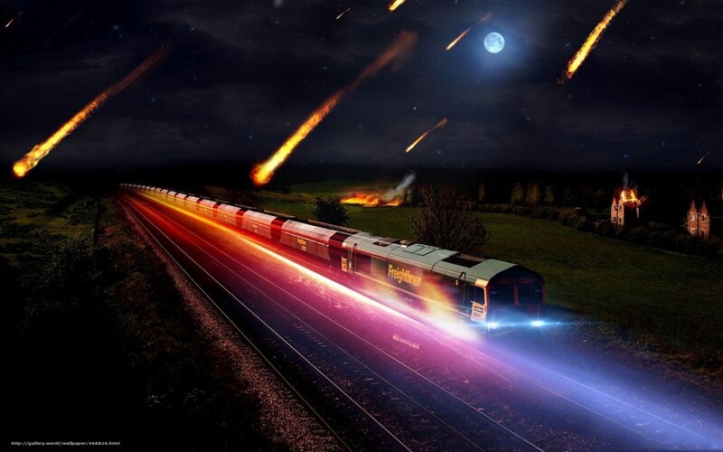 Meteor shower over freight train