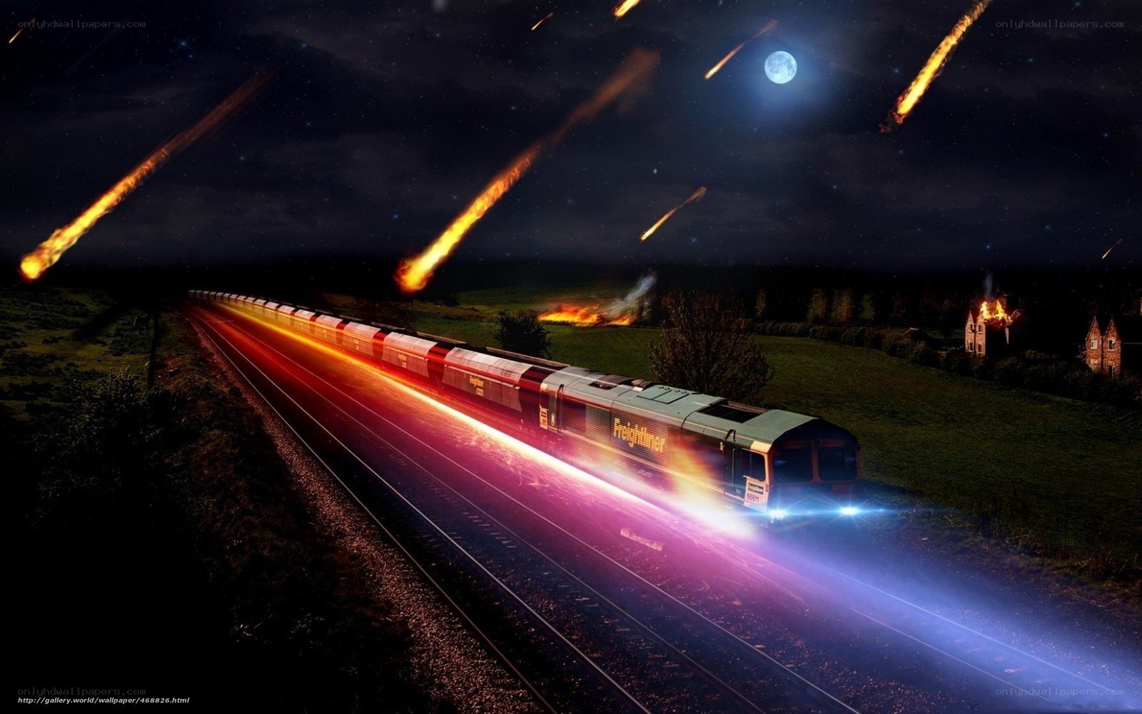 Meteor shower over freight train