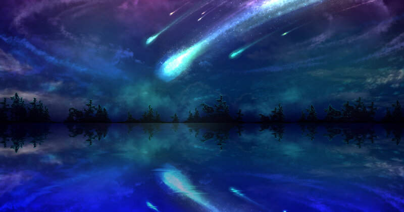 Meteor Shower over Lake — Blue, Dramatic, Night