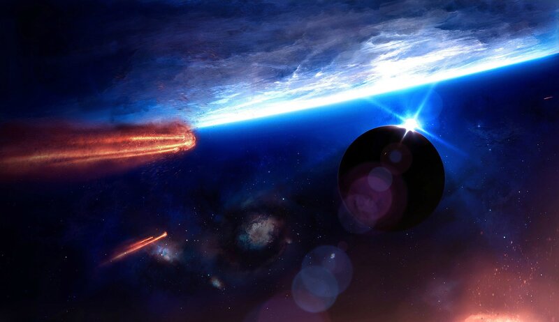 Meteor shower over planet